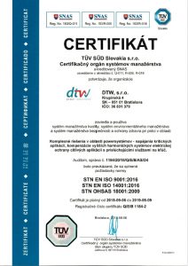 Certifikát ISO vystavený na DTW, s.r.o. v slovenskom jazyku